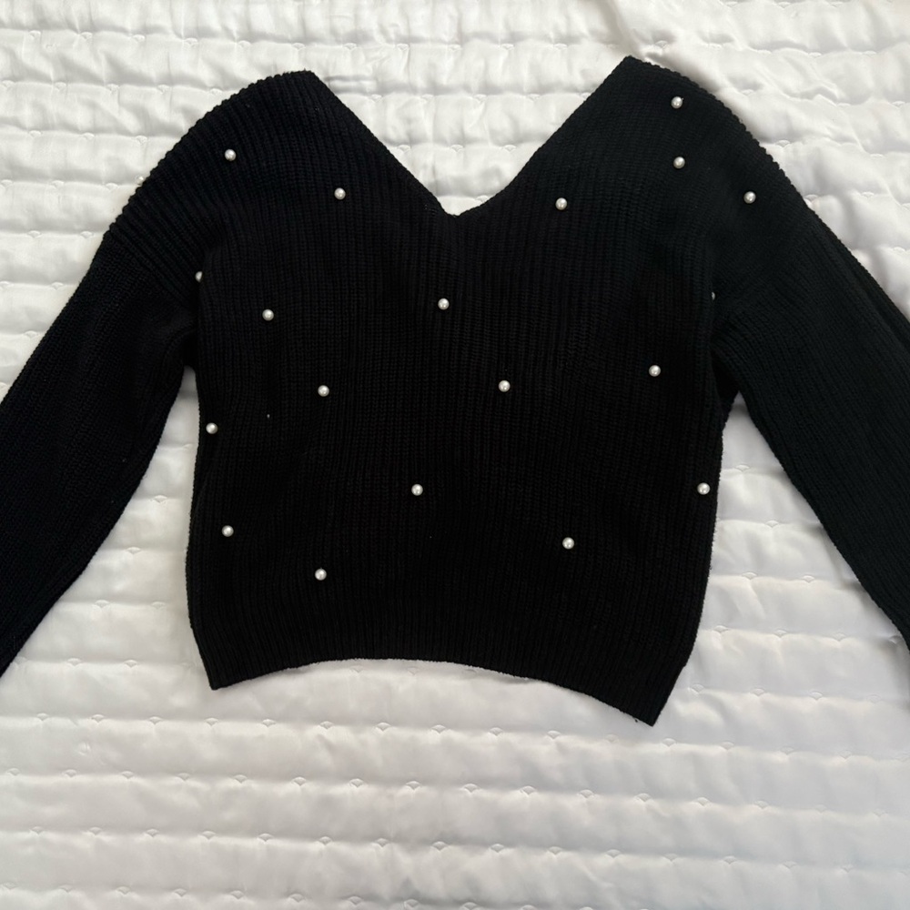 Jessica Simpson Black V-Neck Sweater with Pearl Details